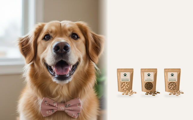 Junger Golden Retriever, daneben leichte Snacks von Bark Boutique: Hähnchenbrust, Fischli und Euterhappen