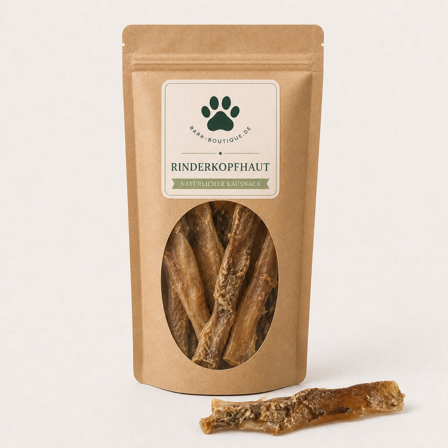 Verpackung Rinderkopfhaut von Bark Boutique mit getrockneten Kopfhaut-Streifen im Sichtfenster