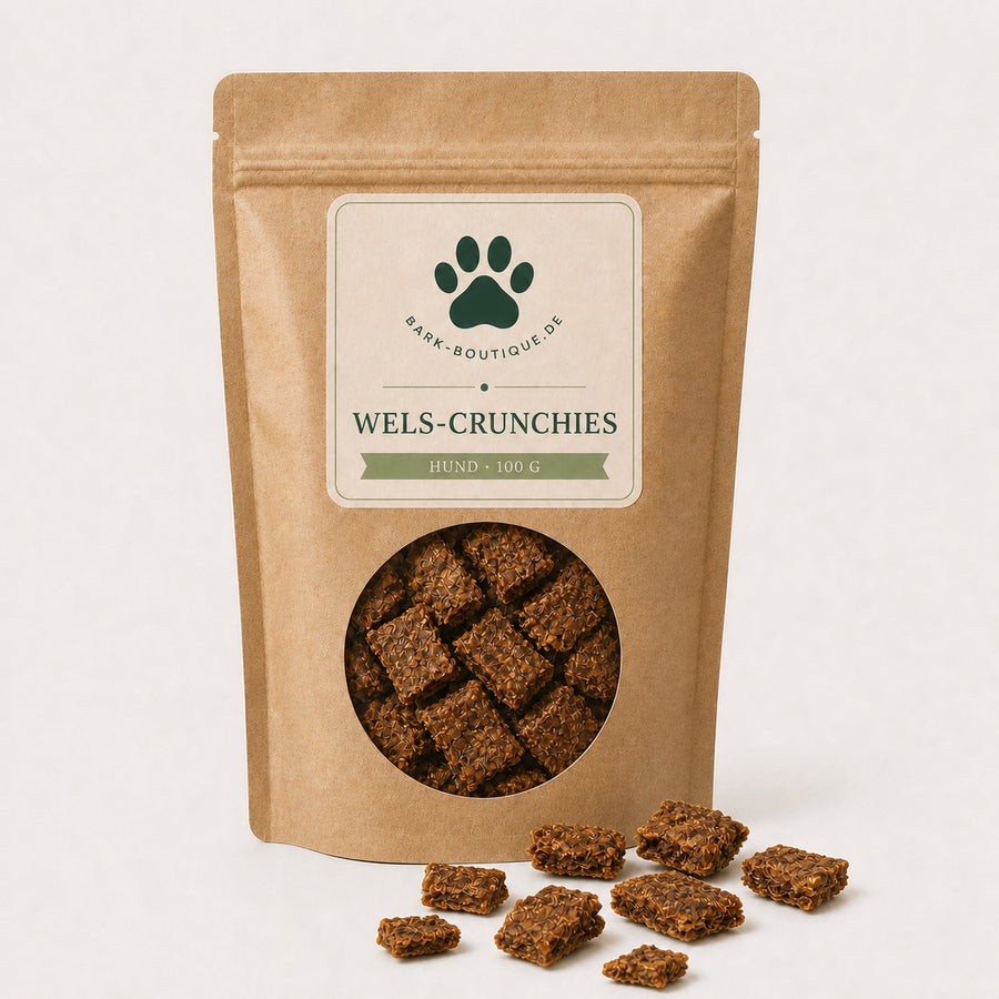 Verpackung Wels-Crunchies für Hunde, 100 g, von Bark Boutique mit knusprigen Fischstücken