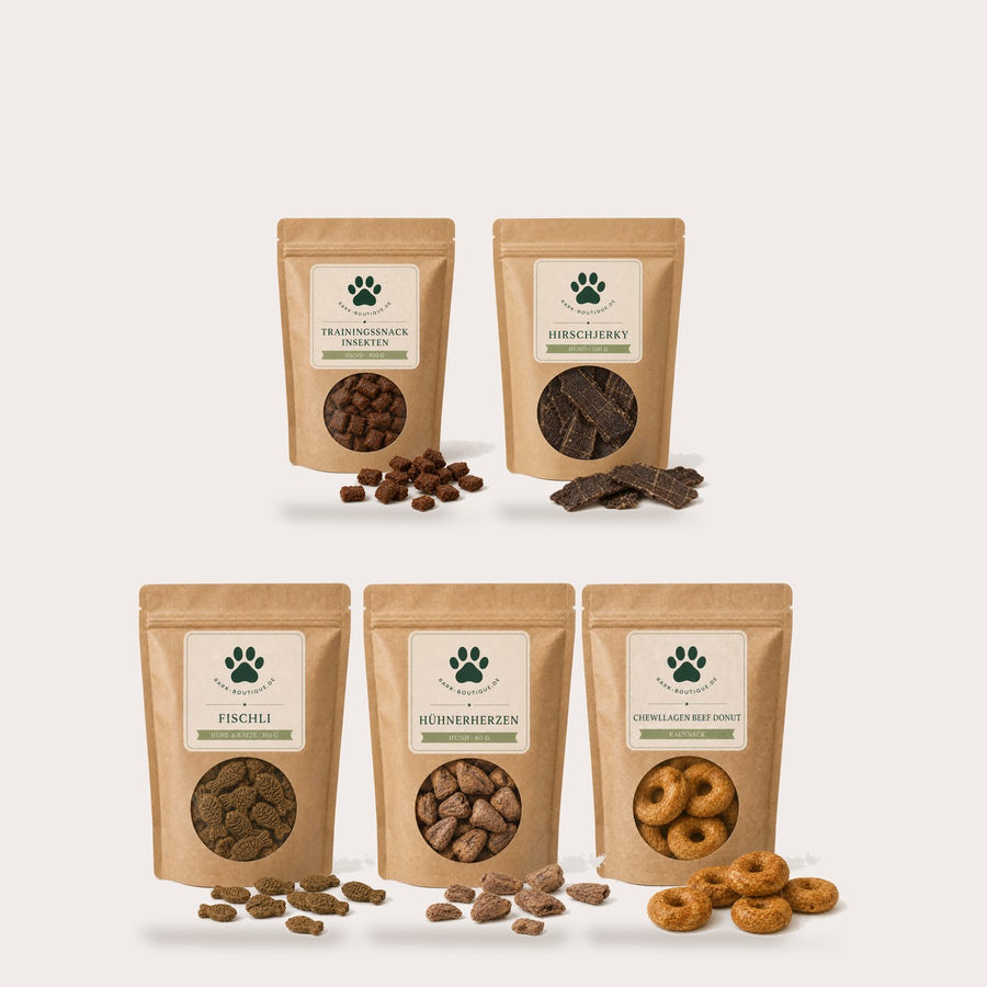 Schnupperset für Hunde von Bark Boutique: fünf Kraftpapierbeutel mit Fischli, Trainingssnack Insekten, Chewllagen Donut, Hühnerherzen und Hirschjerky