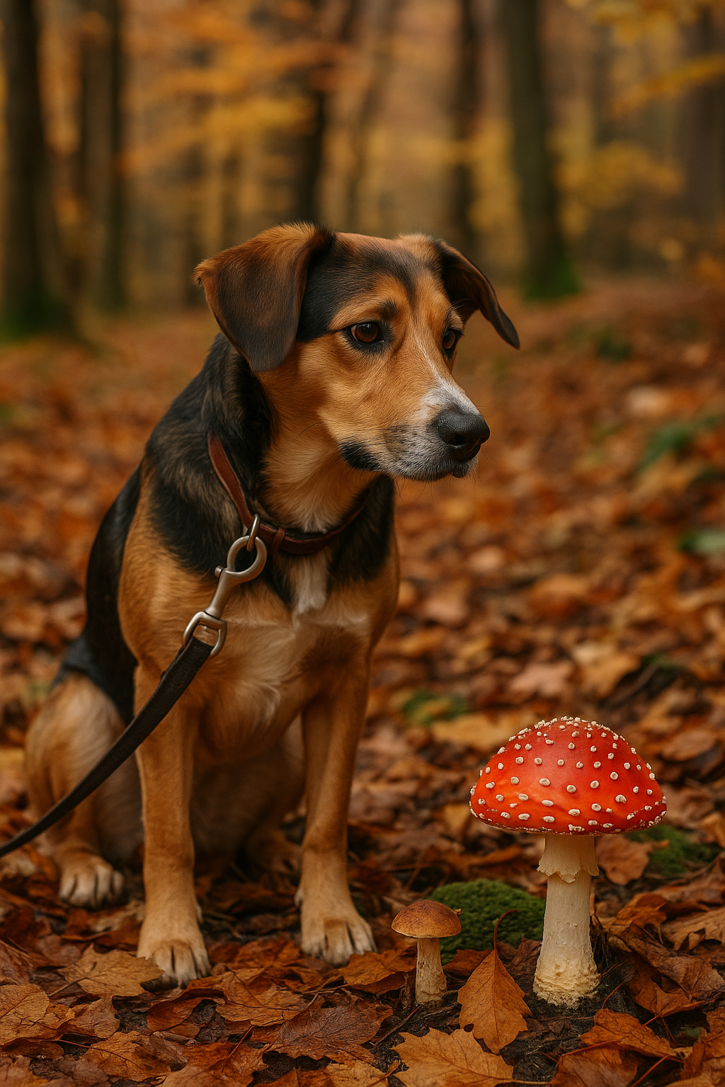 Hund im Herbstwald zwischen möglicherweise giftigen Pilzen
