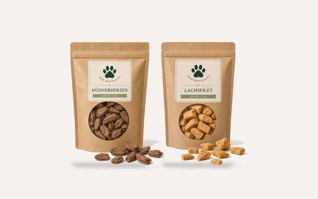 Die 1-kg-Vorratspackungen Hühnerherzen und Lachsfilet von Bark Boutique zur richtigen Lagerung