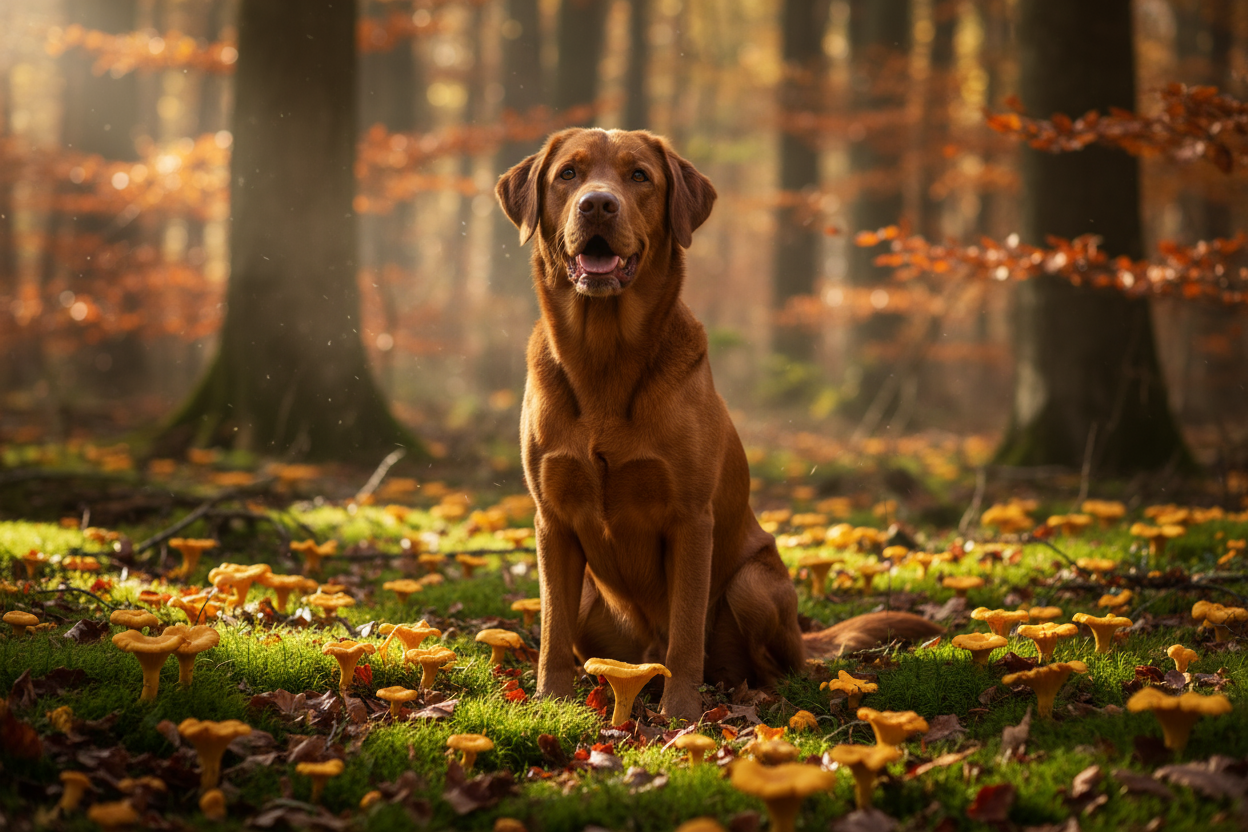 Brauner Labrador beim Training mit Pfifferlingen im Wald