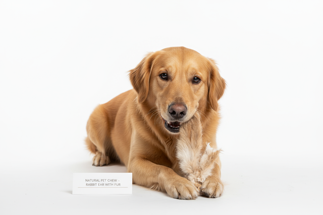 Hund mit getrocknetem Hasenohr mit Fell als Kausnack