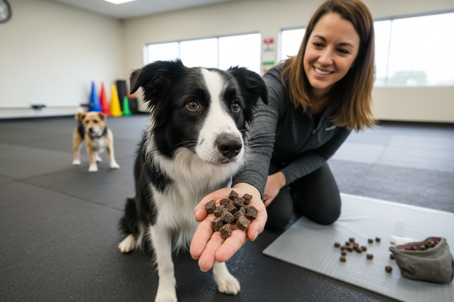 Hund beim Training mit kleinem Trainingssnack aus Rinderlunge