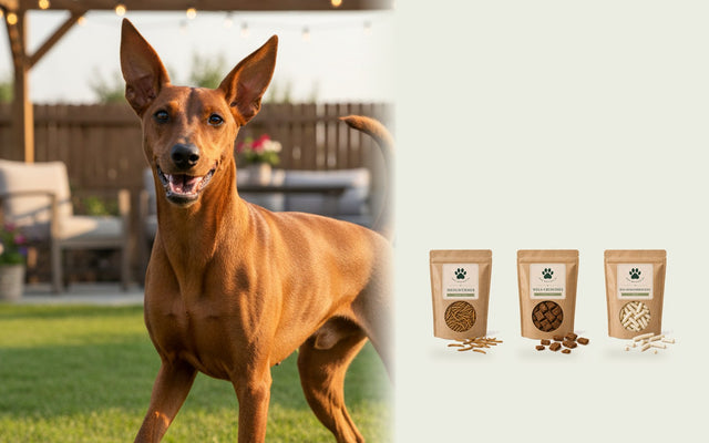 Hund im Garten, daneben nachhaltige Snacks von Bark Boutique: Mehlwürmer, Wels-Crunchies und Bio-Kokosbrocken