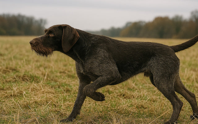 Drahthaariger Vorstehhund mit gesenkter Nase beim Schnüffeln auf einer Wiese