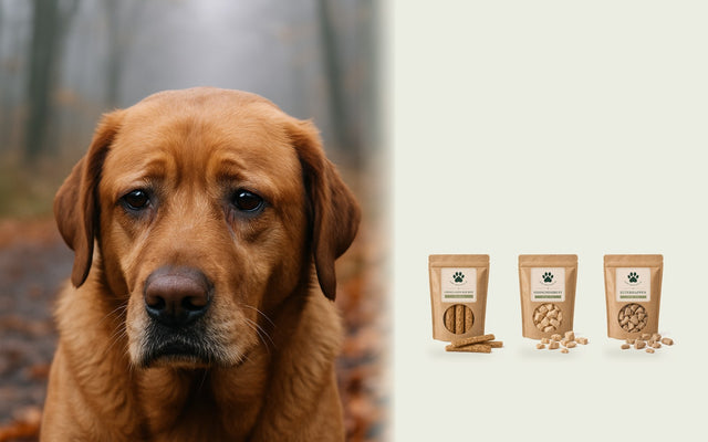 Älterer Labrador im Herbstwald, daneben weiche Snacks von Bark Boutique: Chewllagen Bar Beef, Hähnchenbrust und Euterhappen