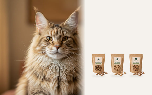 Maine-Coon-Katze neben drei gefriergetrockneten Katzensnacks: Hühnerherzen, Thunfisch und Entenbrust