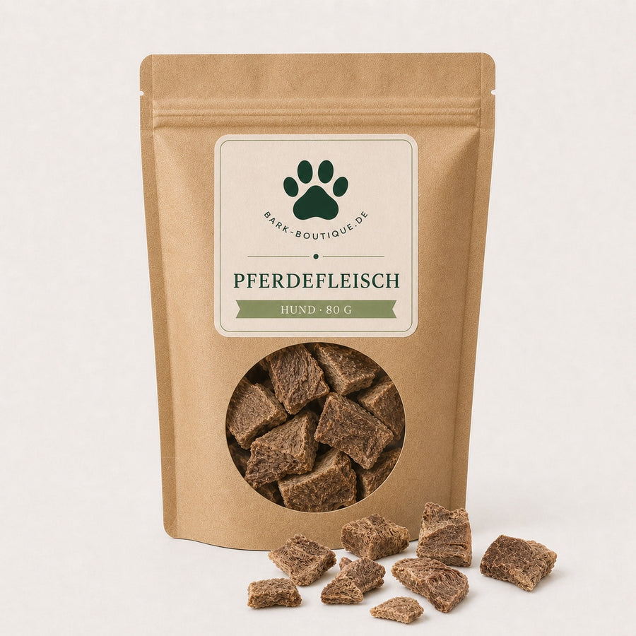 Verpackung Pferdefleisch gefriergetrocknet für Hunde, 80 g, von Bark Boutique
